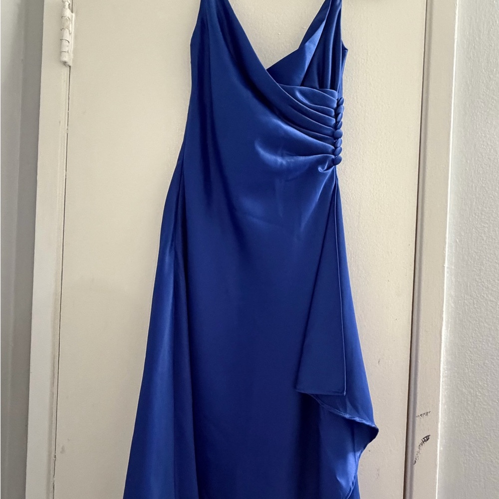 One-Shoulder Satin Evening Dress in Cobalt Blue